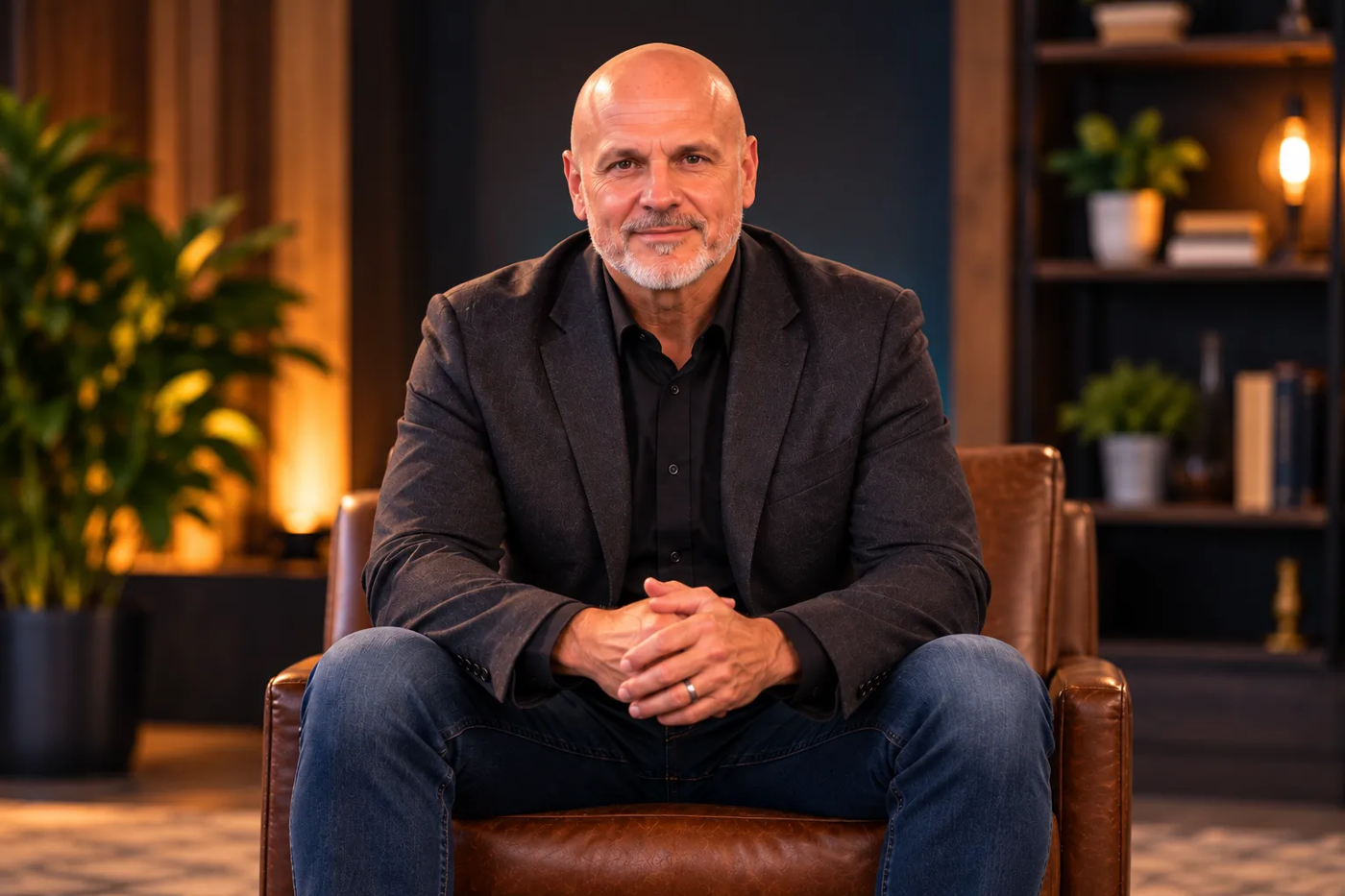 Scott Bland seated in a leather chair